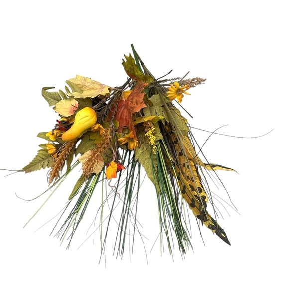 FALL HARVEST ARTIFICIAL FLORAL BUNDLE AUTUMN LEAVES WHEAT GOURDS WILD GRASS - Picture 3 of 6